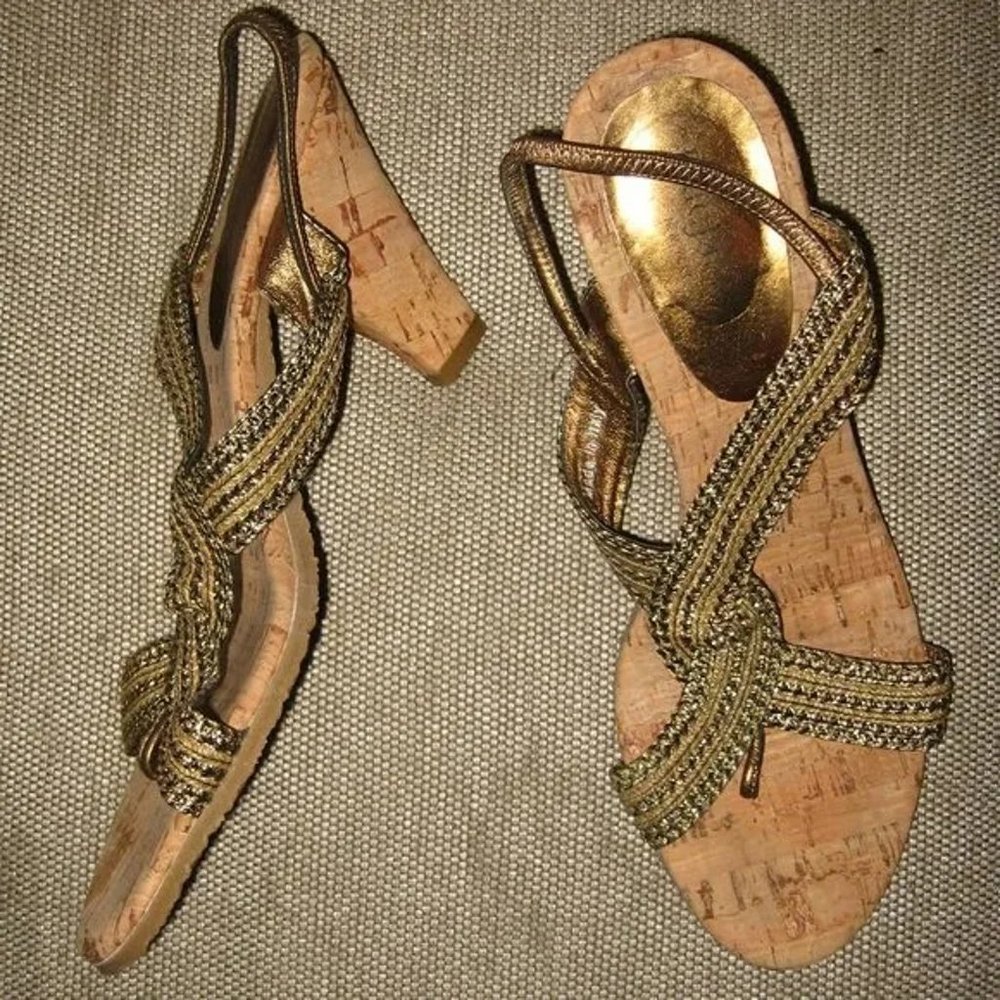 ❤️ERIC JAVITS CORK HEEL THONG WEDGE HEEL SLINGBACK SHOES SZ 9 Italy